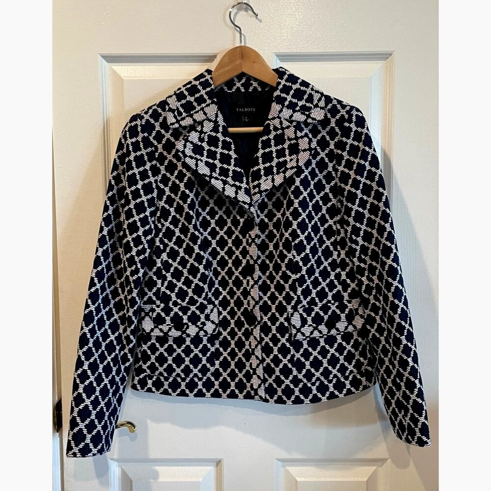 Talbots Cotton Geometric Diamond Pattern Blazer Navy & White Office Chic Size 6
